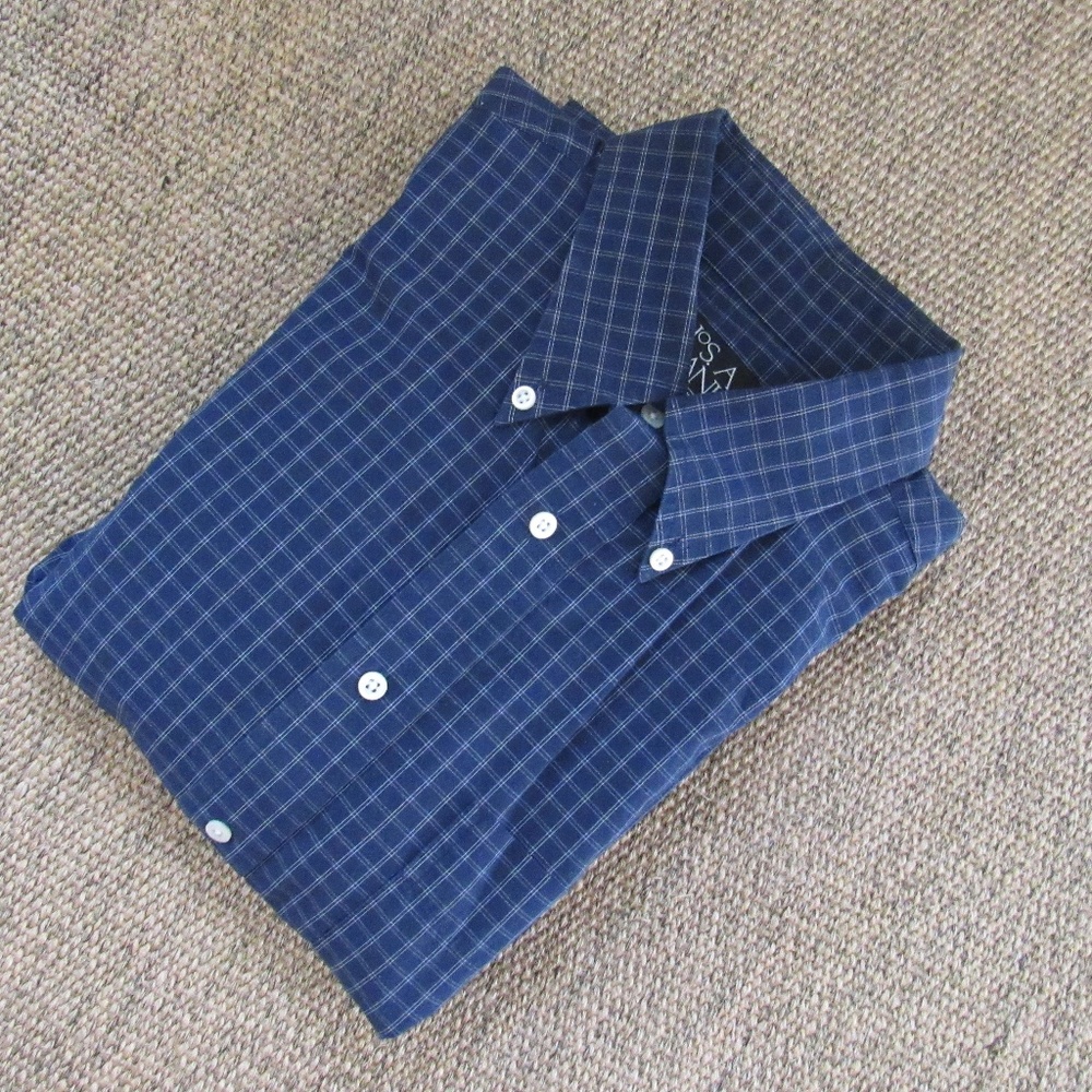JOS A BANK Navy Blue Plaid Button Front Shirt MED